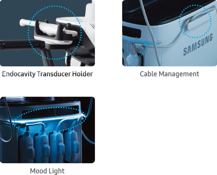 ultrasound equipment with ultrasound transducer holder, Cable management, ultrasound equipment with supporting Light